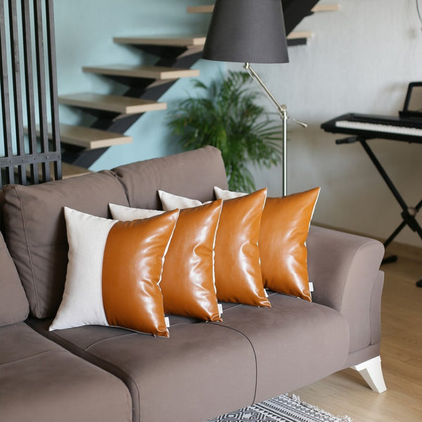 HomeRoots Set of Four Faux Leather Throw Pillow Covers – Stylish Brown & White Accent for Modern Decor 386822