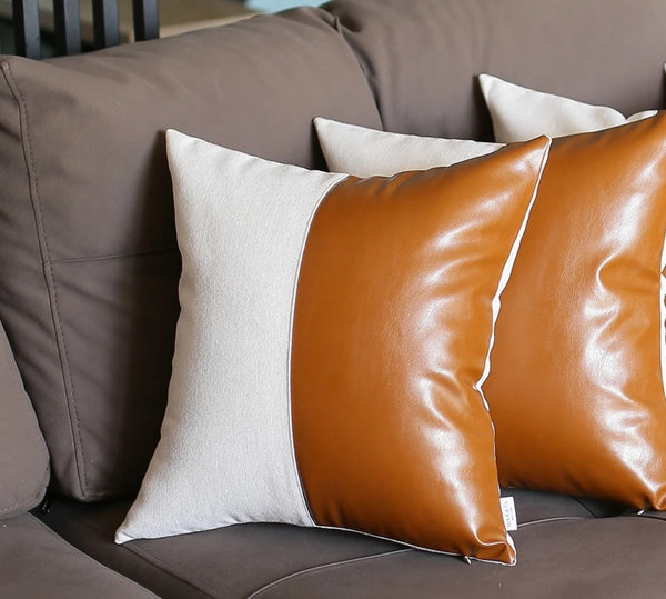 HomeRoots Set of Four Faux Leather Throw Pillow Covers – Stylish Brown & White Accent for Modern Decor 386822