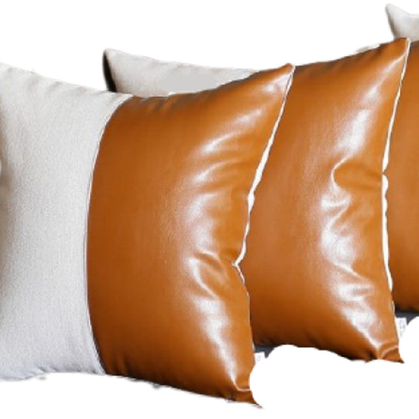 HomeRoots Set of Four Faux Leather Throw Pillow Covers – Stylish Brown & White Accent for Modern Decor 386822