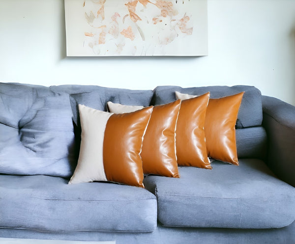 HomeRoots Set of Four Faux Leather Throw Pillow Covers – Stylish Brown & White Accent for Modern Decor 386822