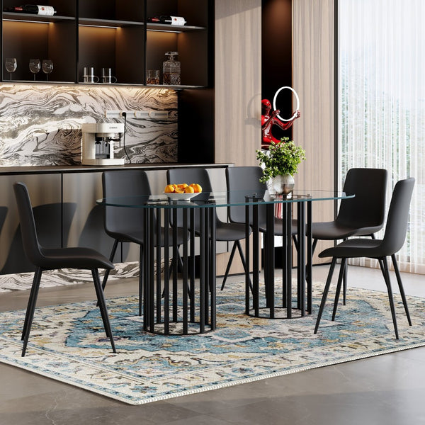 English Elm Table Set Oval Tempered Glass Top with Six Brown Fabric Chairs for Modern Dining Black,Transparent W1151S04748