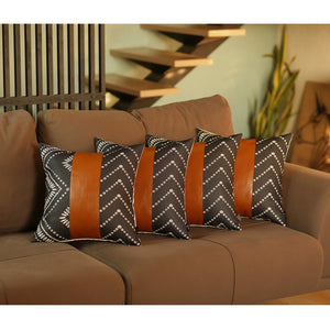 HomeRoots Set of 4 Black and White Geometric Lumbar Pillow Covers with Luxe Faux Leather Accents for Style 386827