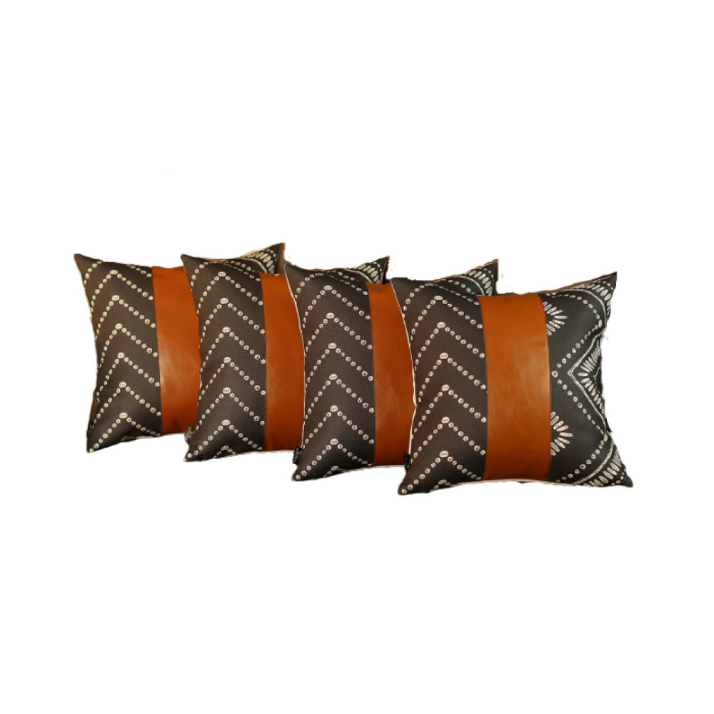 HomeRoots Set of 4 Black and White Geometric Lumbar Pillow Covers with Luxe Faux Leather Accents for Style 386827