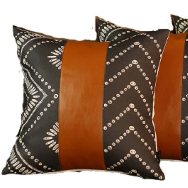 HomeRoots Set of 4 Black and White Geometric Lumbar Pillow Covers with Luxe Faux Leather Accents for Style 386827