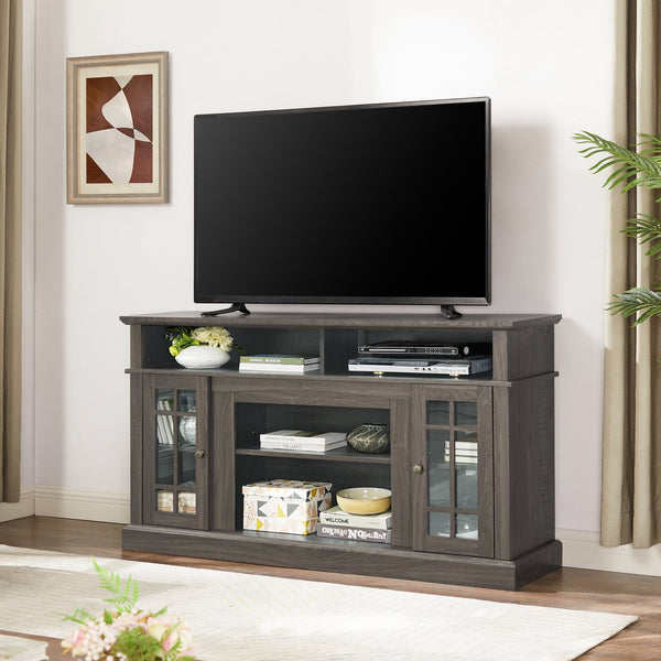English Elm Classic TV Media Stand Dark Walnut 65" Modern Entertainment Console with Glass Doors, Cable Management and Adjustable Shelves (58.25"W x 15.75"D x 32"H) W2275P389756