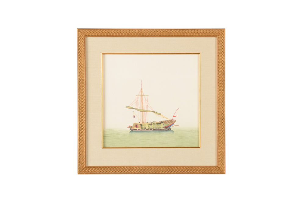 Chelsea House Chin Original Watercolor On Silk Of Junk Sail In Gold Frame, 21" Square, Serene Asian Maritime Art 386851
