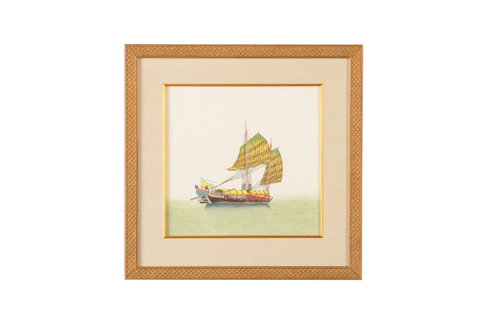 Chelsea House Chin. Hand-Painted Watercolor On Silk Junk Sail, Gold Framed 21"X21" Museum-Ready Nautical Art Piece 386852
