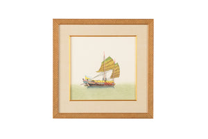 Chelsea House Chin. Hand-Painted Watercolor On Silk Junk Sail, Gold Framed 21"X21" Museum-Ready Nautical Art Piece 386852