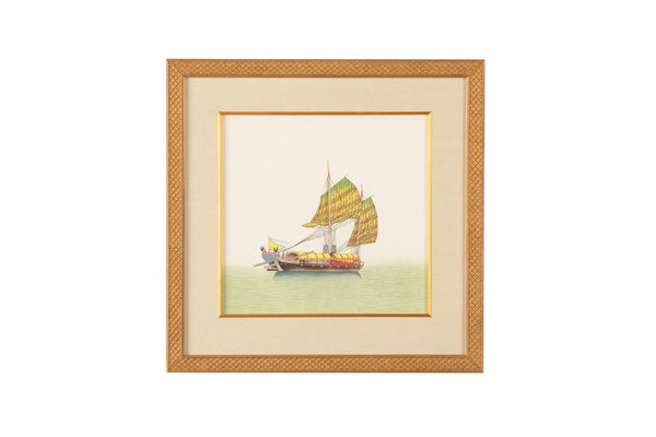 Chelsea House Chin. Hand-Painted Watercolor On Silk Junk Sail, Gold Framed 21"X21" Museum-Ready Nautical Art Piece 386852