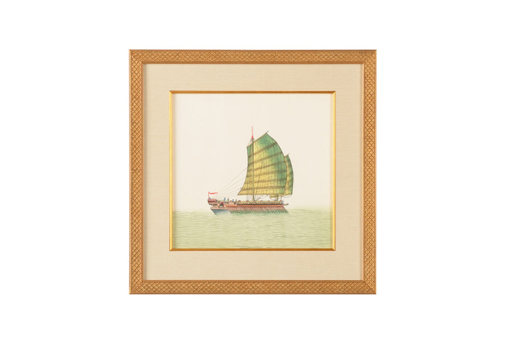 Chelsea House Chin. Hand-Painted Watercolor On Silk Of Two Junks, Luminous Coastal Art In Gold Frame, Ready-To-Hang 386853