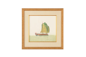 Chelsea House Chin. Hand-Painted Watercolor On Silk Of Two Junks, Luminous Coastal Art In Gold Frame, Ready-To-Hang 386853
