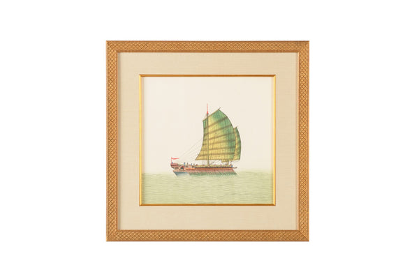 Chelsea House Chin. Hand-Painted Watercolor On Silk Of Two Junks, Luminous Coastal Art In Gold Frame, Ready-To-Hang 386853