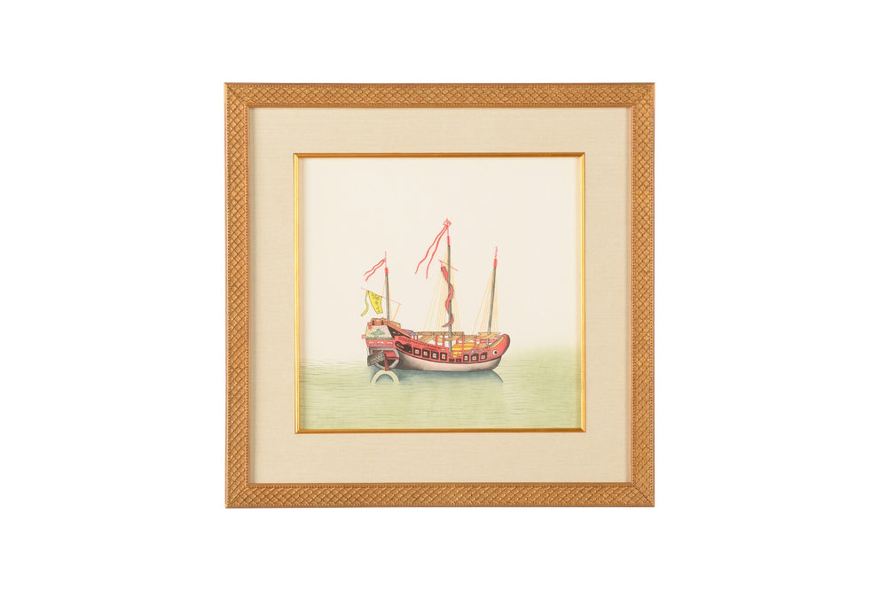 Chelsea House Chin Hand-Painted Watercolor On Silk: Yellow-Sail Junks In Gold Frame, Ready-To-Hang 21"X21" 386854