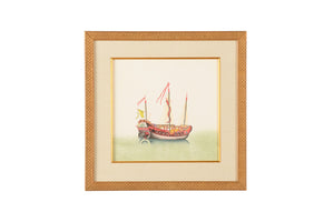 Chelsea House Chin Hand-Painted Watercolor On Silk: Yellow-Sail Junks In Gold Frame, Ready-To-Hang 21"X21" 386854