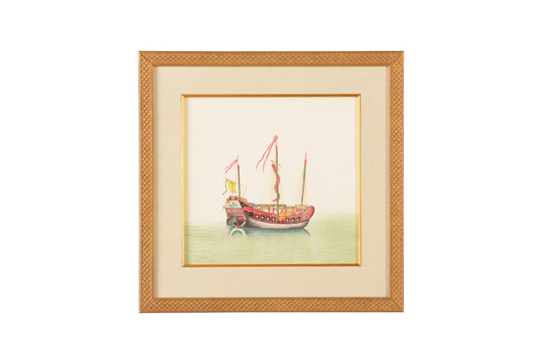Chelsea House Chin Hand-Painted Watercolor On Silk: Yellow-Sail Junks In Gold Frame, Ready-To-Hang 21"X21" 386854