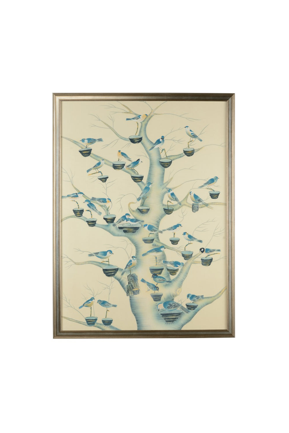 Chelsea House Aviary Hand-Painted Watercolor In Soothing Blues, Antique Silver Frame, Glass, Ready To Hang (59.5X43.5) 386918