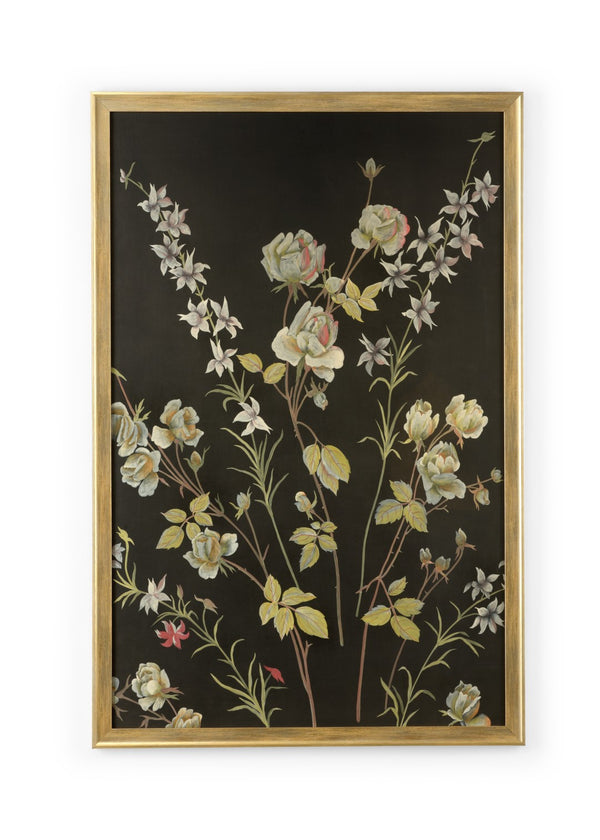 Chelsea House Fleurs Hand-Painted Watercolor In Gold Scoop Frame, Dramatic Black Botanicals, Gallery-Ready Art 386971