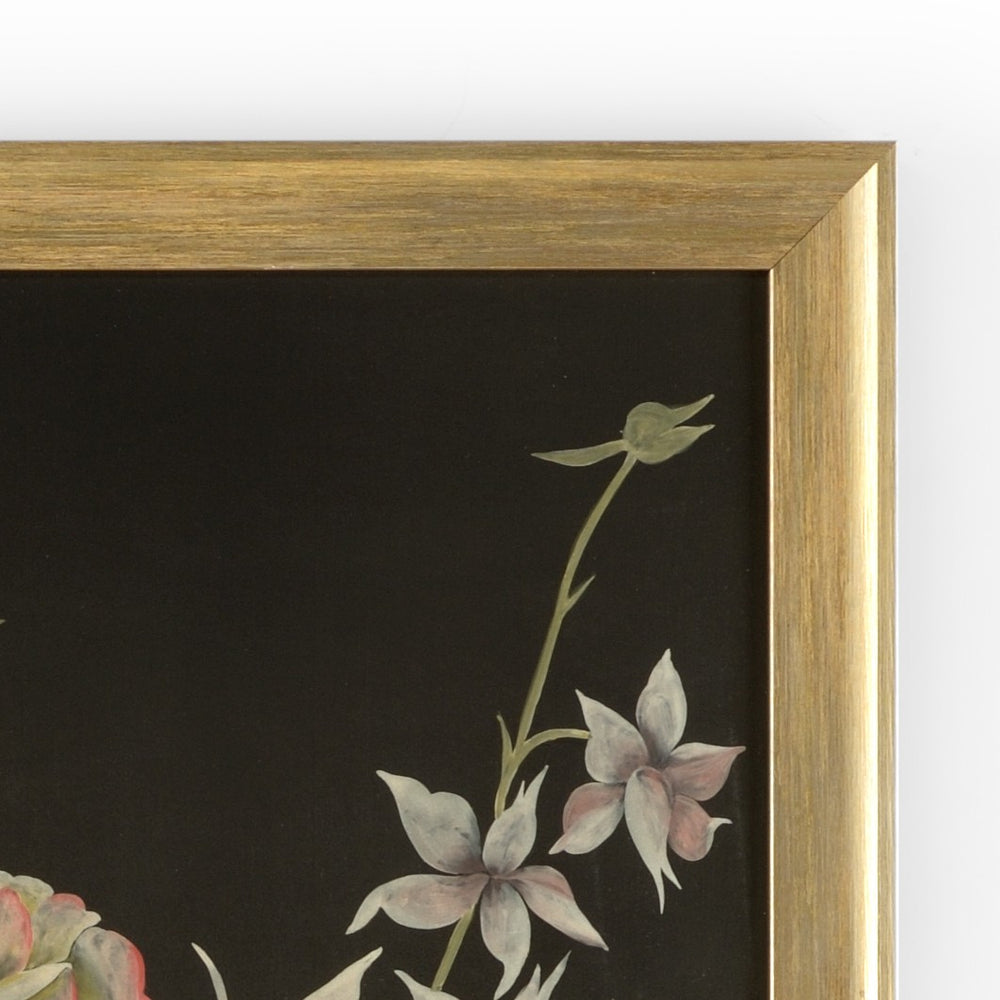 Chelsea House Fleurs Hand-Painted Watercolor In Gold Scoop Frame, Dramatic Black Botanicals, Gallery-Ready Art 386971