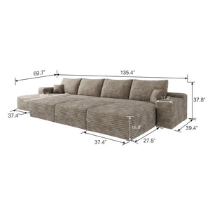 English Elm 135"Large Modular Cloud Sofa - 6-Seater Down Sofa Bed In Camel Plush Corduroy, No Tools Needed! W2824S00064