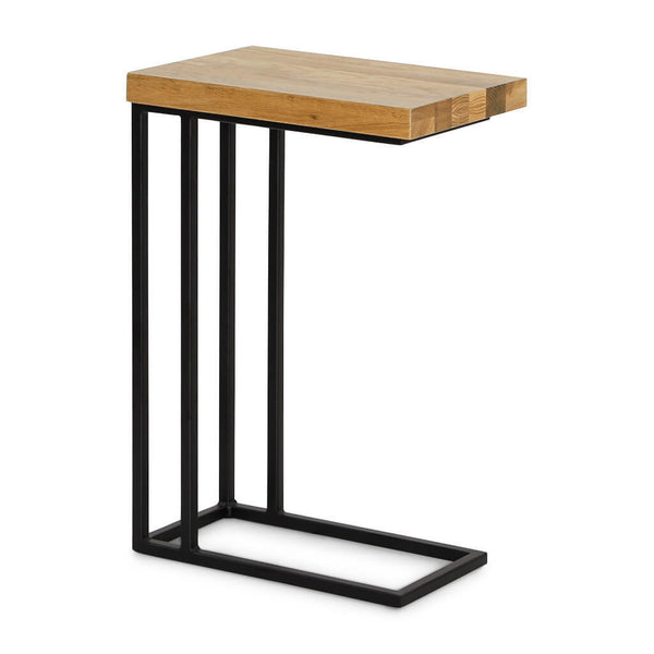 English Elm Luka Oak C-Side Table Small — Solid Oak Soap-Finish Top with Black Metal Frame, Sleek Sofa Slide-In (21x14x28) B353P370419