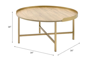 English Elm Mithea Round Oak & Gold Coffee Table – Contemporary Tray Top, Cross-Bar Metal Base, Durable MDF Finish B2726P281463
