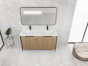 English Elm 60" Freestanding Bathroom Vanity with Double Resin Sink, Soft-Close Doors, Adjustable Shelves, Water-Resistant Finish W999S00383