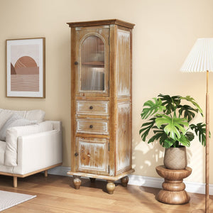 English Elm Farmhouse Freestanding Linen Cabinet Reeded Glass Arched Door Distressed Wood Storage Ancient White W2295P462956