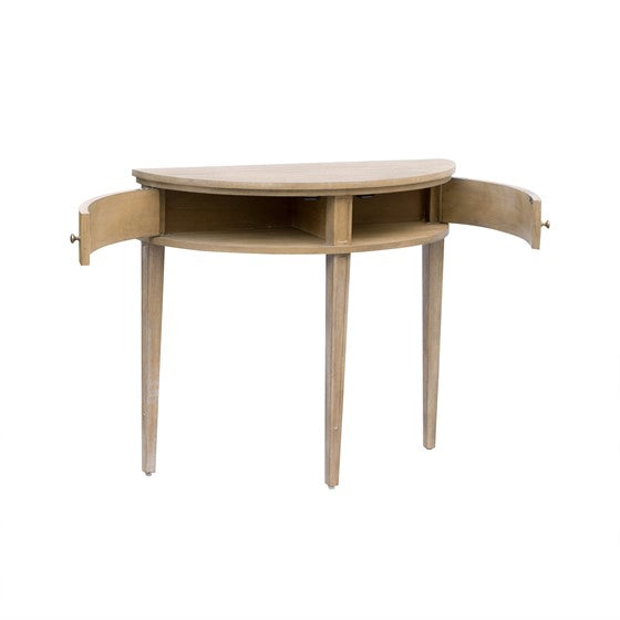 English Elm Storage Console Table Reclaimed Wheat 36" — Vintage Demilune Entry Accent w/ Fluted Doors & Bronze Knobs B035P148426