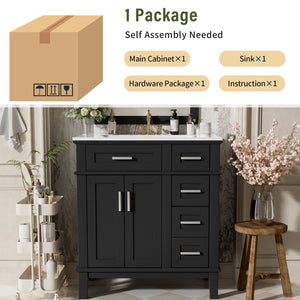 English Elm 30" Freestanding Bathroom Vanity Ceramic Sink Soft Close Cabinet Gray Wood Frame Black N729P427118B