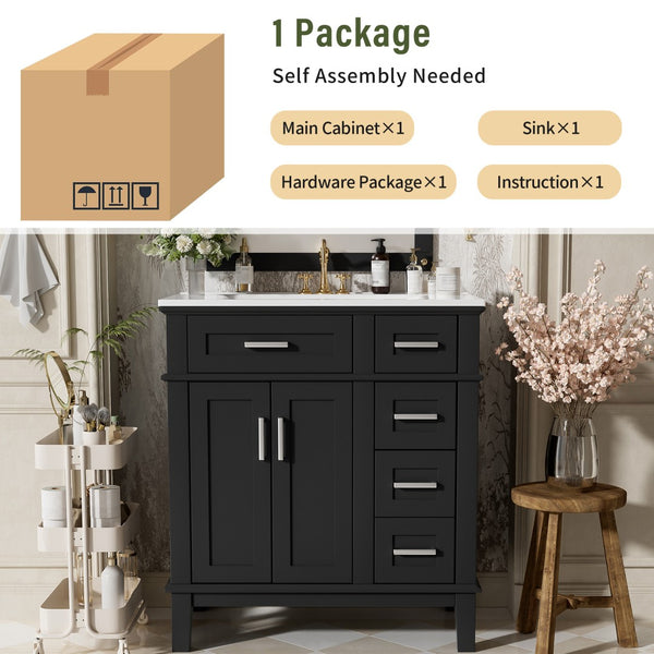 English Elm 30" Freestanding Bathroom Vanity Ceramic Sink Soft Close Cabinet Gray Wood Frame Black N729P427118B