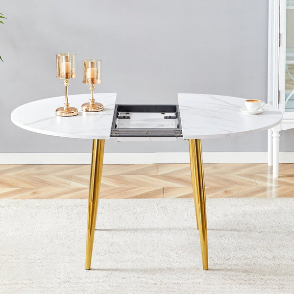 English Elm With Retractable Leaf Round Oval Mdf Top and Sleek Metal Legs Modern Dining Table White+Gold W1151S03870