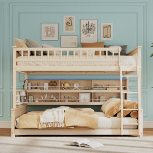 English Elm Full Xl Over Queen Bunk Bed Pinewood Frame with Led Lights Shelving Pegboard Beige LT000279AAA