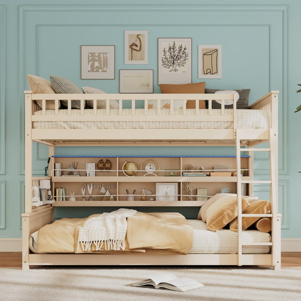 English Elm Full Xl Over Queen Bunk Bed Pinewood Frame with Led Lights Shelving Pegboard Beige LT000279AAA