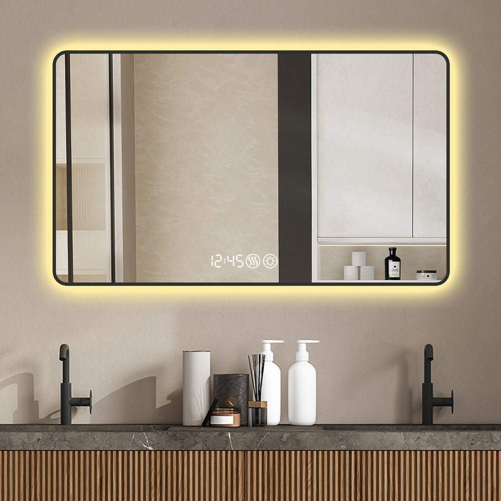 English Elm 29x39 Black frame mirror with rounded corners, LED tri-color lighting, defogger, temp/time display W2709P329020