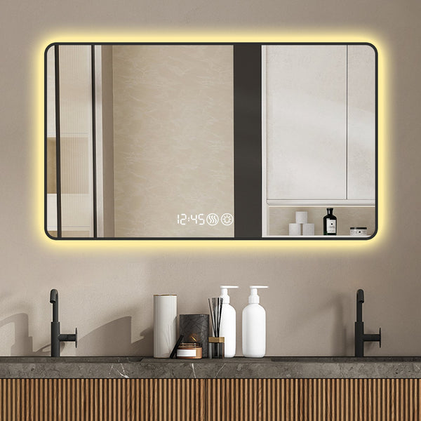 English Elm 48x32 Black Frame Wall Mirror with Time & Temp Display, 3-Color Dimmable LED, Defogger, Safety Glass W2709P242468