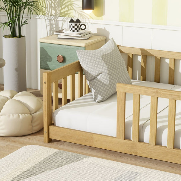 English Elm Twin Size Rubberwood Floor Bed with Safety Fence for Toddler Rooms Natural Finish W504P370528