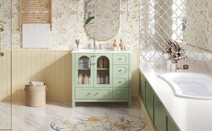 English Elm 36" Green Bathroom Vanity with Waffle Texture Doors, 4 Drawers, Glass Panels, Soft-Closing, Modern Storage N710P280025C