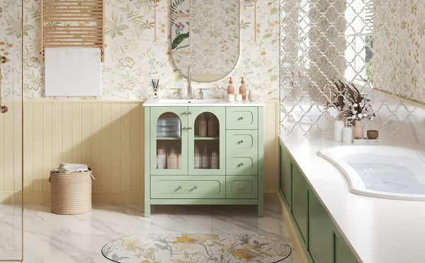 English Elm 36" Green Bathroom Vanity with Waffle Texture Doors, 4 Drawers, Glass Panels, Soft-Closing, Modern Storage N710P280025C