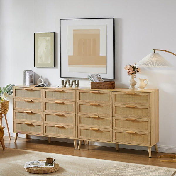 English Elm Bedroom 8-Drawer Dresser With Rattan Fronts – Stylish Storage For Kids’ Rooms & Living Spaces W1162P190402