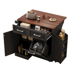 English Elm K&K 47.2" Farmhouse Kitchen Island with Drop Leaf, Removable Side Shelf, Trash Cabinet, Wheels Black N707P307296B