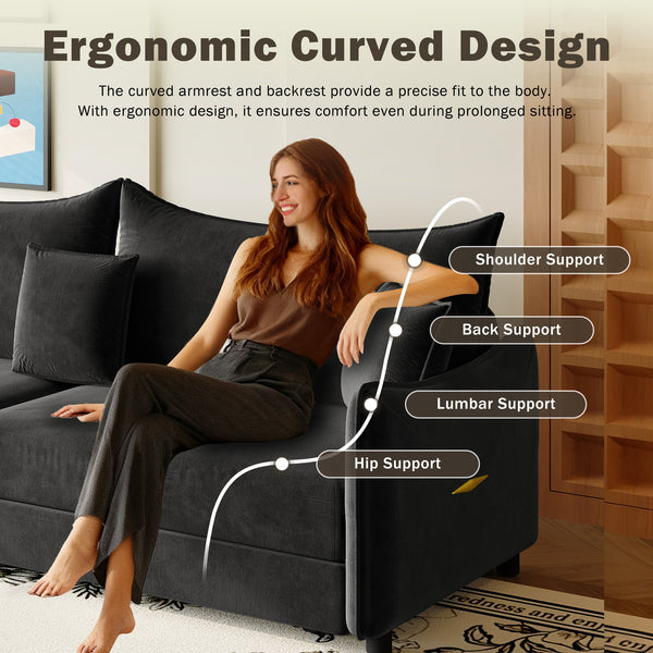 English Elm 81.9" 3-in-1 Convertible Sleeper Sofa Bed with Velvet Upholstery, 3 Pillows & Golden Trim Accent Black W1885S00254