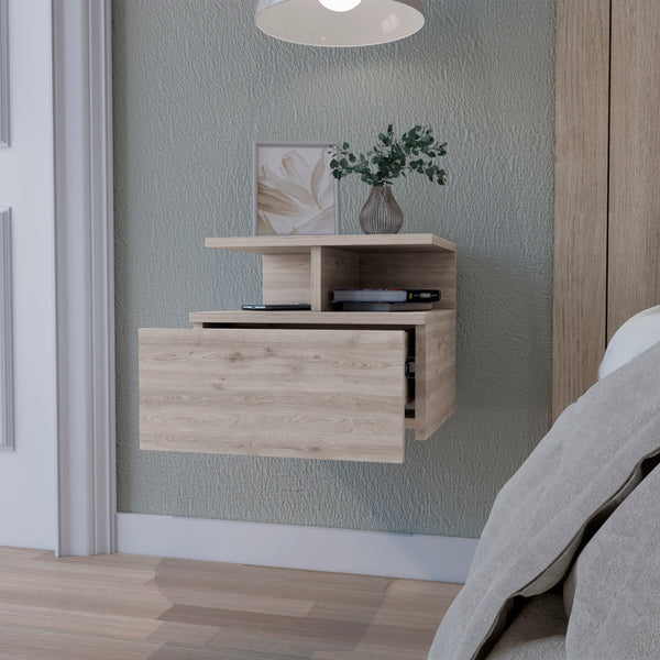 English Elm Augusta Floating Nightstand Wall-Mounted with 1 Drawer & 2-Tier Shelf, Space-Saving Light Gray Design B128P148659