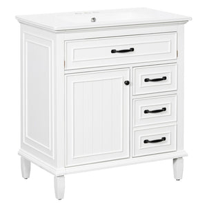 English Elm 30 Inch Freestanding Bathroom Vanity Solid Pine Cabinet Ceramic Sink Top Storage White N725P412782K