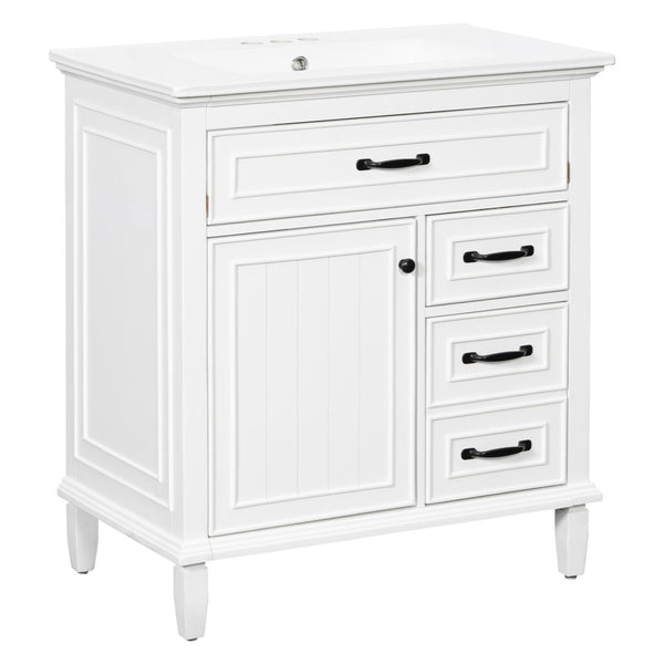 English Elm 30 Inch Freestanding Bathroom Vanity Solid Pine Cabinet Ceramic Sink Top Storage White N725P412782K
