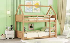 English Elm Twin House Floor Bunk Bed With Guardrails & Ladder - Solid Rubberwood, White Oak Finish, Ideal For Kids W504P227942-GIGA