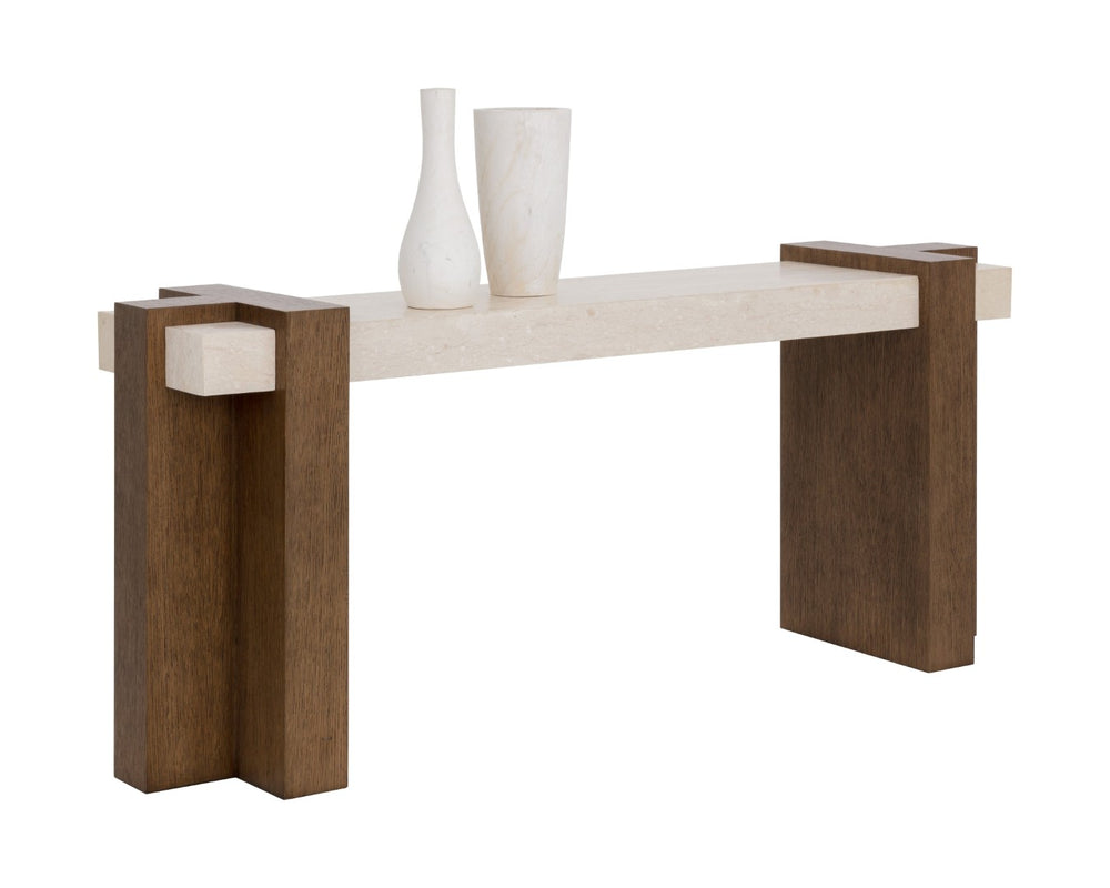 Sunpan MINERVA Console Table - Sculptural Luxury with Marble Top & Interlocking Wood Base for Modern Homes 112152