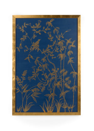Chelsea House Gold Buckhead Panel On Blue B — 57X39in Original Watercolor With Gold Leaf Frame, Glassed Gallery-Ready Piece 387047