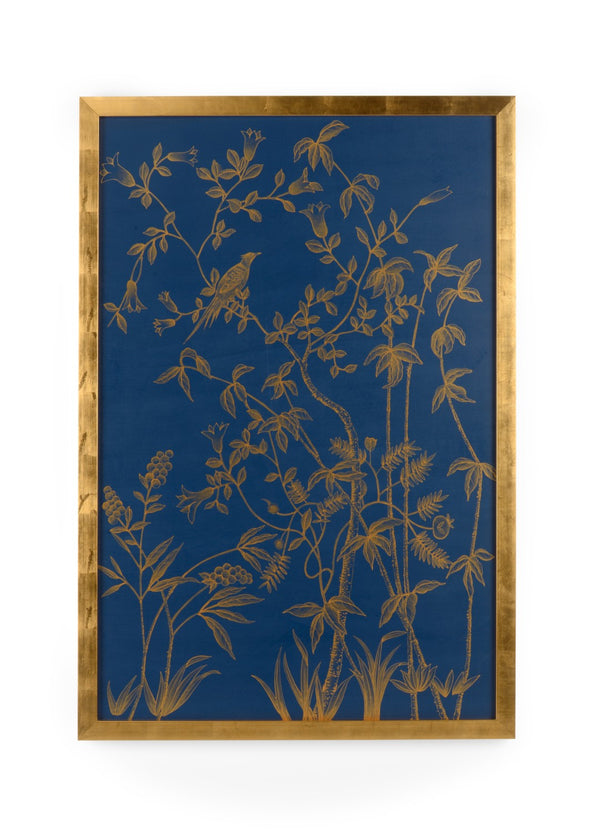 Chelsea House Gold Buckhead Panel On Blue B — 57X39in Original Watercolor With Gold Leaf Frame, Glassed Gallery-Ready Piece 387047