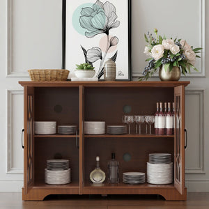 English Elm 48.66" Wide Tempered Glass Door Buffet Sideboard with Adjustable Shelves Dark Finish Dark Oak W2899P372745