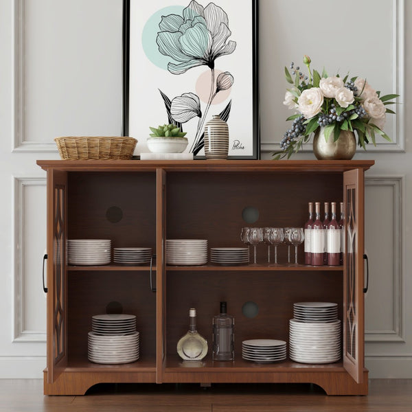 English Elm 48.66" Wide Tempered Glass Door Buffet Sideboard with Adjustable Shelves Dark Finish Dark Oak W2899P372745